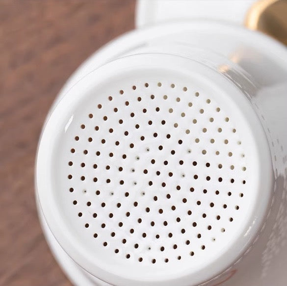 Close-up of white teapot spout from "Lotus" Portable Tea Set showing fine filtration holes